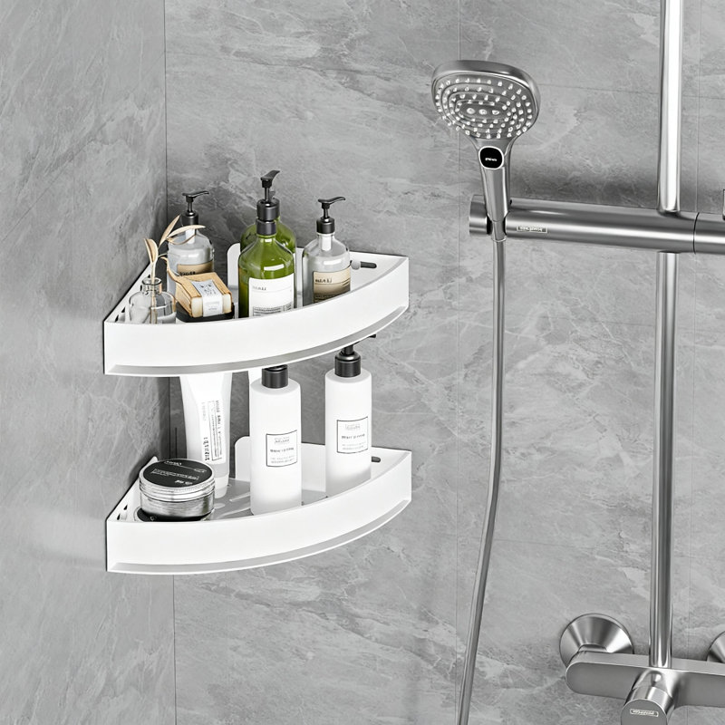 Serviteur de douche en coin, tablette murale en aluminium antirouille, installation sans perceuse ni perceuse, 2 niveaux (blanc)