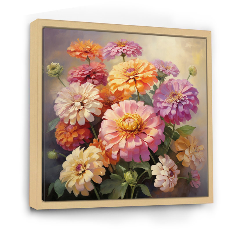 "Colorful Zinnias", impression romantique sur toile encadrée, H 24 po x l 24 po x P 1 po, Cadre naturel flottant