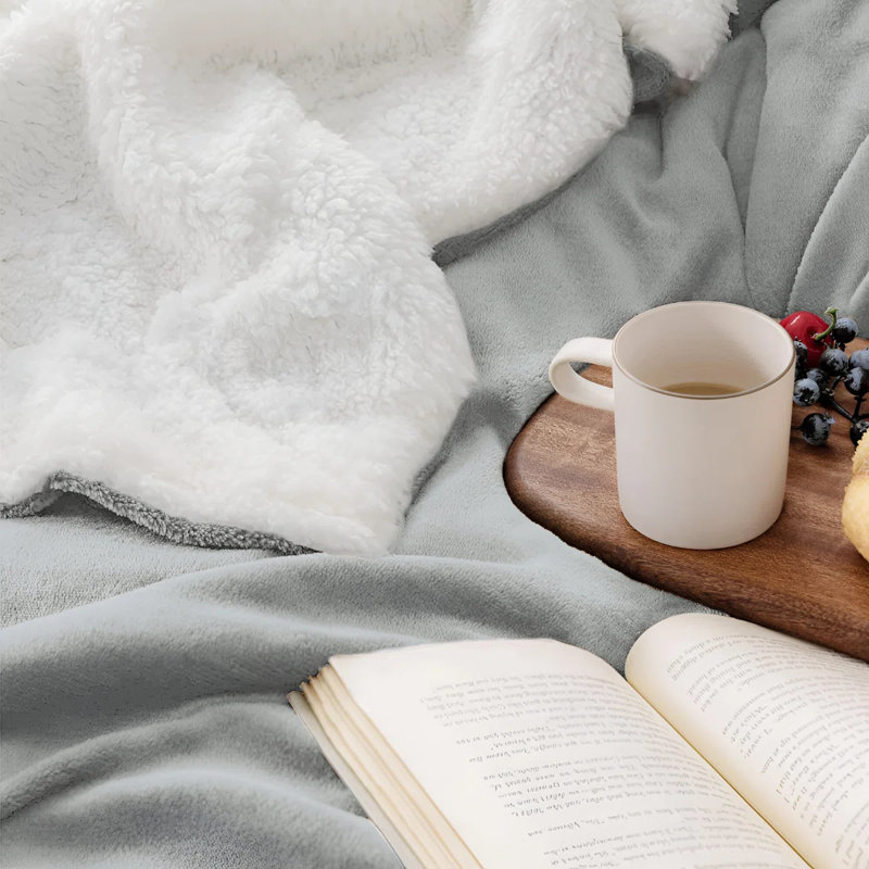 Super Soft Sherpa Fleece Fur Thick Dual Sided Flannel Reversible Blanket Throw, Silver, Double 150cm x 200cm