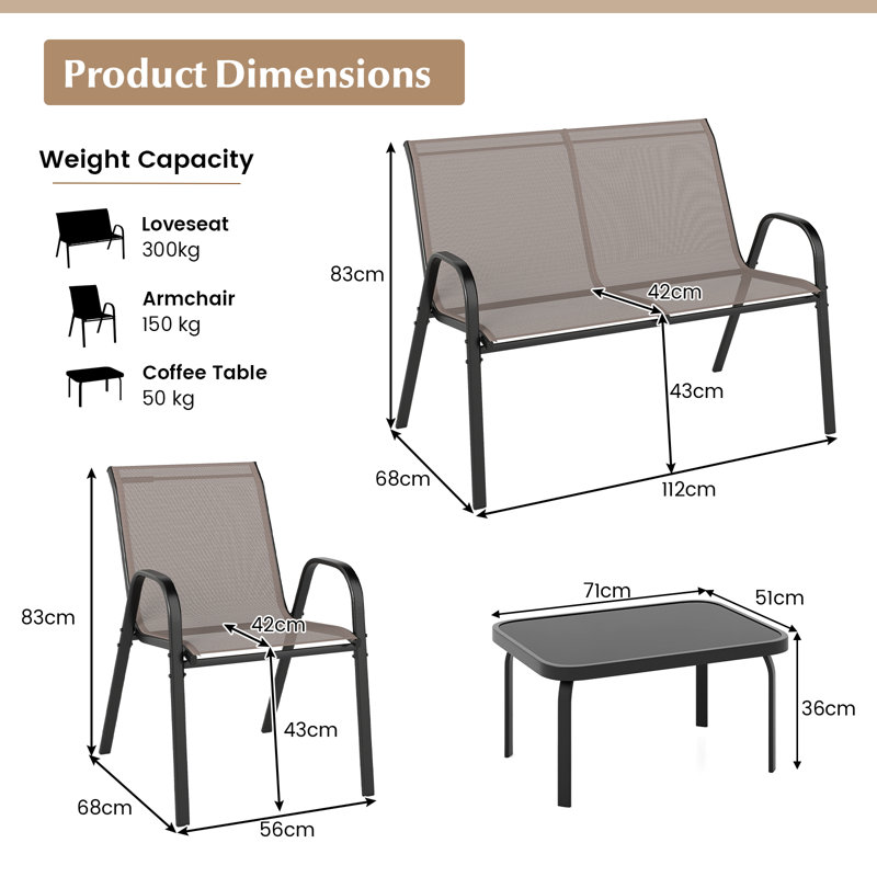 4 Piece Patio Metal Table & Chairs Outdoor Conversation Furniture Set W/ Loveseat-Black, Grey
