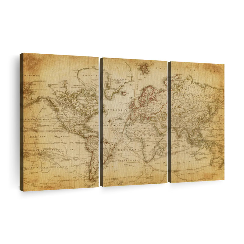 Ensemble de 3 pièces de carte du monde sur toile Old Century, H 48 po x l 74 po x P 1,25 po