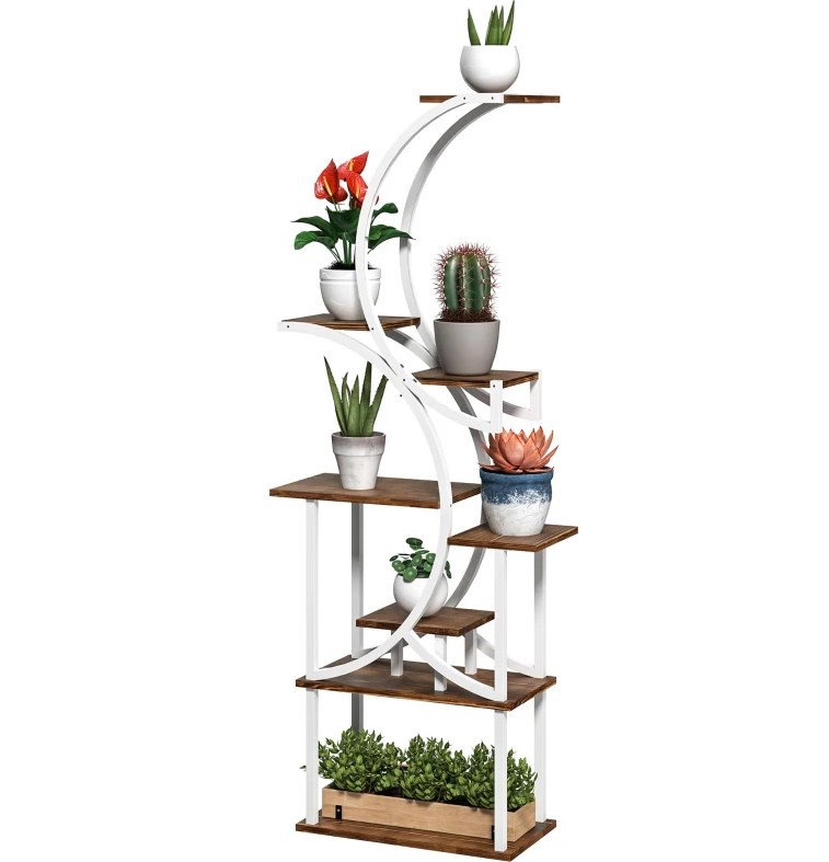 Support pour plante en coin à 8 niveaux avec tablettes en bois de sapin et structure en acier pour plantes d'intérieur, H 61,8 po