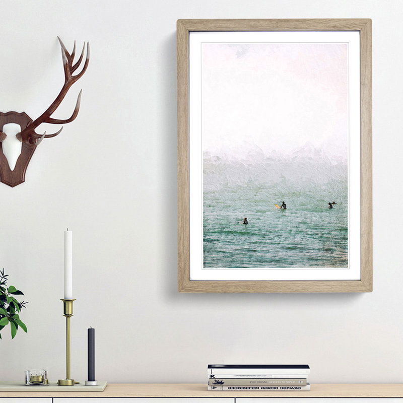 Surfers Waiting to Surf - Picture Frame Painting Print on MDF, 36cm H x 27cm W x 2cm D, Oak Framed