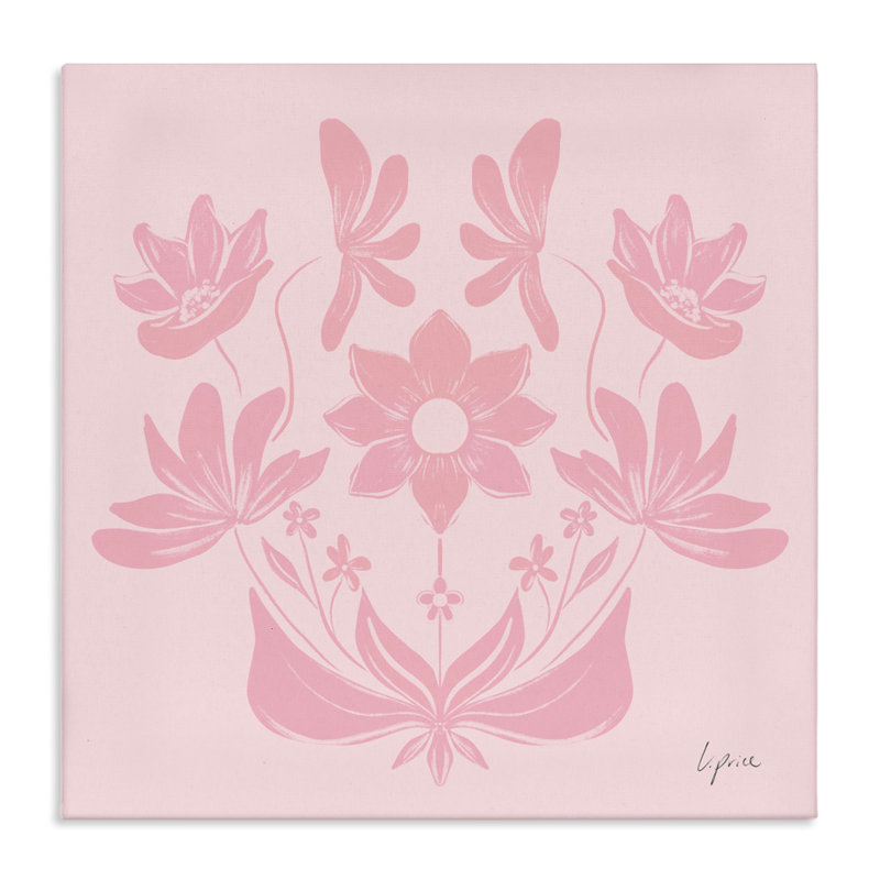 Toile symétrique à motif floral rose, design par Lucille Price, H 17 po x l 17 po