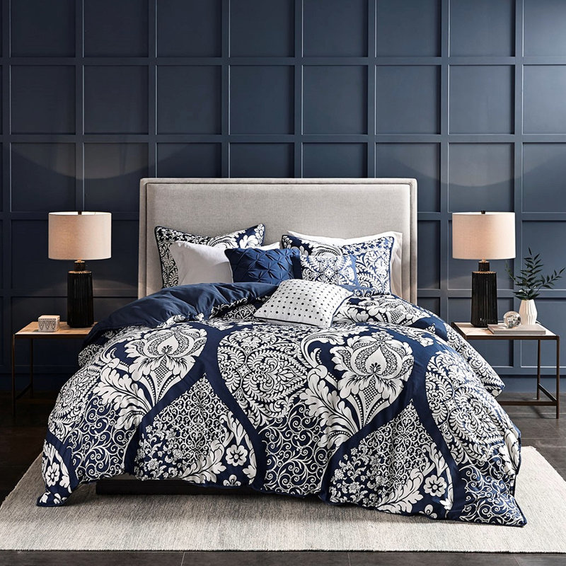 Housse de couette double / grand avec imprimé complexe et envers uni 6 pièces couleur transitionnelle