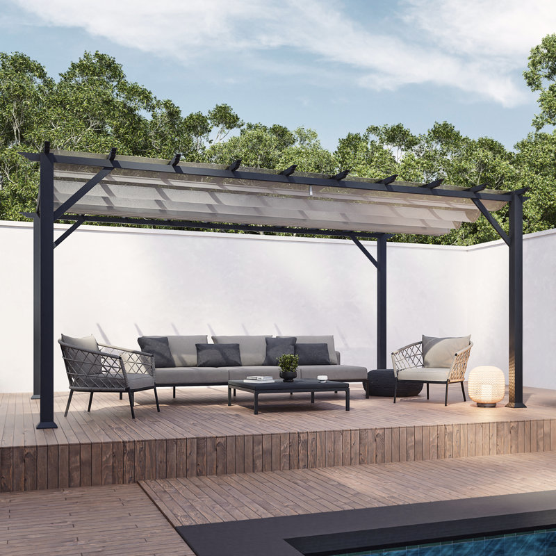 Florence  Aluminum Pergola in Gray Powder-Coated Finish with Adjustable Canopy, 11 ft. W x 16 ft. D, Silver