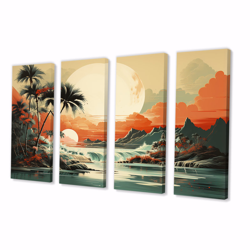 Art déco, rêves tropicaux au coucher du soleil I - Paysages abstraits, ensemble d'art mural 4 pièces, H 28 po x l 48 po