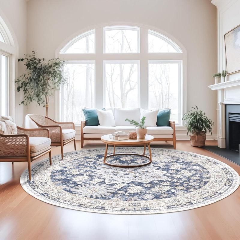 Medallion Non Slip Washable Area Rug(Blue), Round 6'