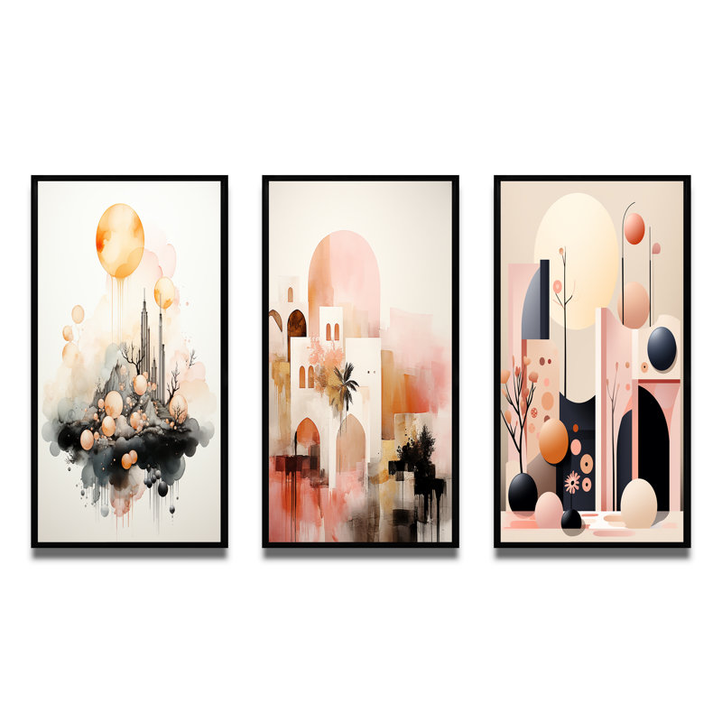 «Serene Abstract Landscape In Retro Pastel», 3 pièces sur toile, Cadre flottant noir, H 40 po x l 60 po