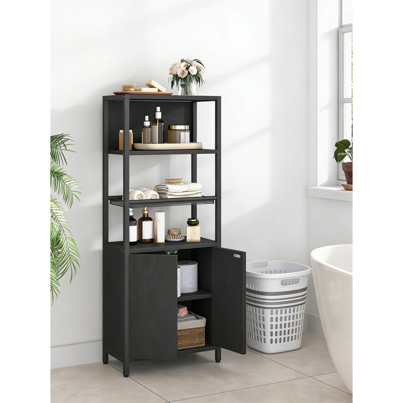 Bathroom Floor Cabinet With Doors, Open Adjustable Shelf, Ventilated Metal Grid, Freestanding - White