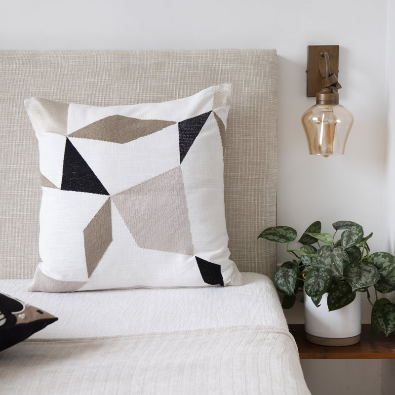 Ivory and Tan Geometric Embroidered Cotton Blend Throw Pillow