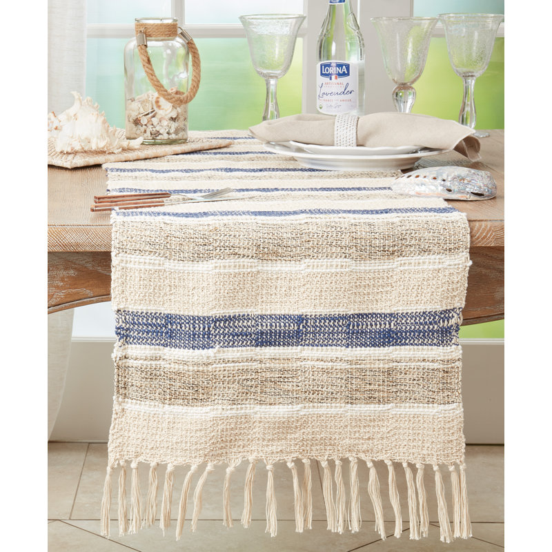 Blue and Beige Cotton Striped Table Runner with Fringe