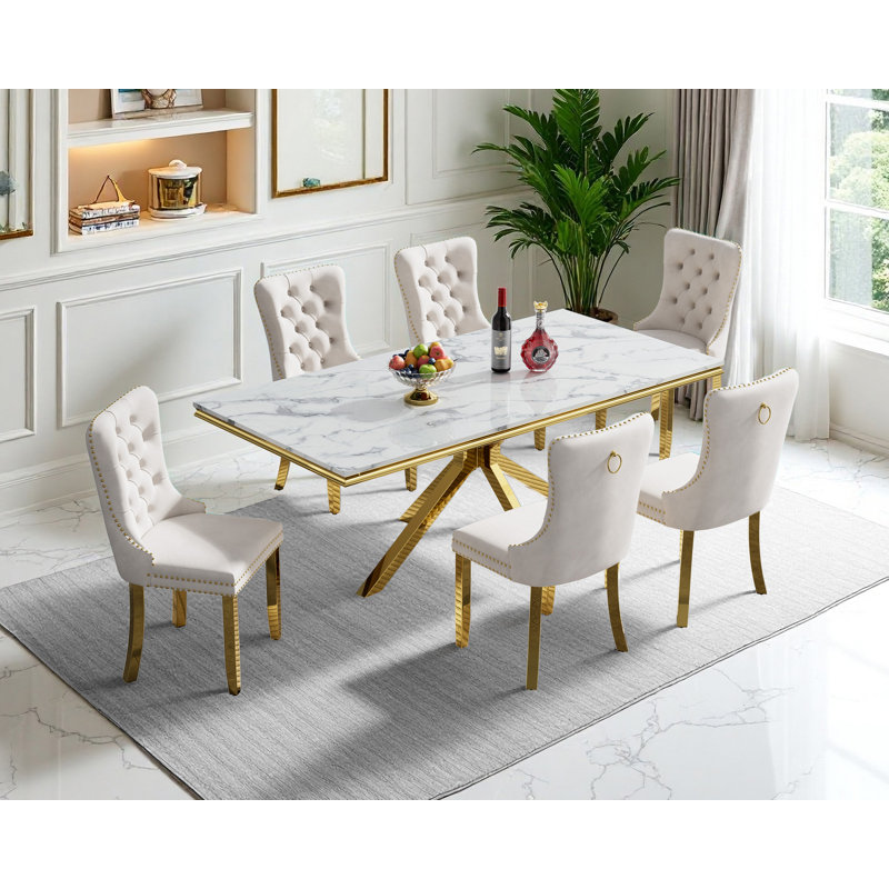 Dining Table with Dining Chairs, Beige, 7 Pieces: Table, 6 Chairs, Gold