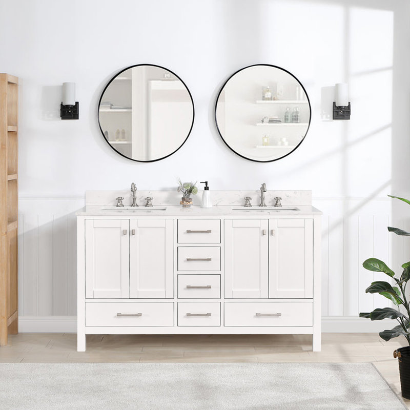 60'' Double Bathroom Vanity with Engineered Stone Top, Brushed Nickel, White