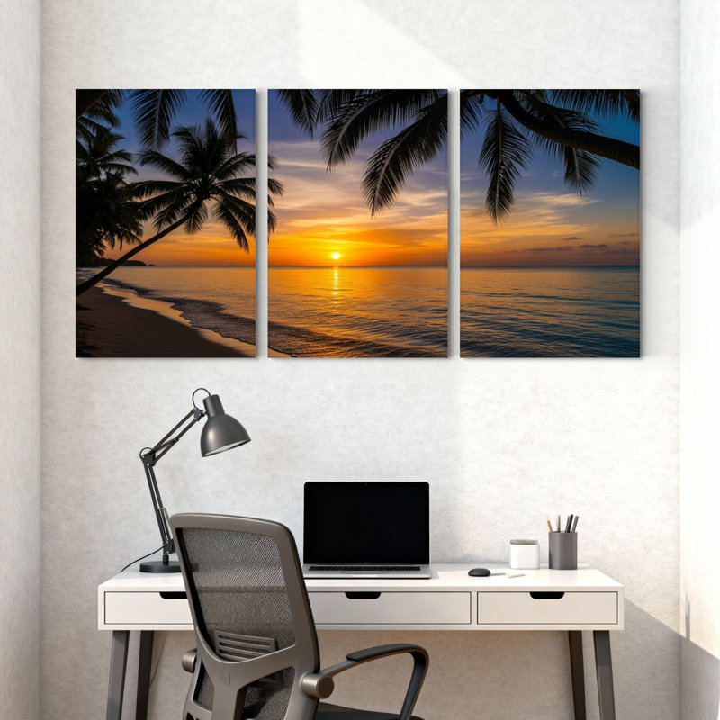 Palmiers, coucher de soleil, plage, palmiers, océan, ciel, reflet, sable, ensemble de 3 impressions sur toile