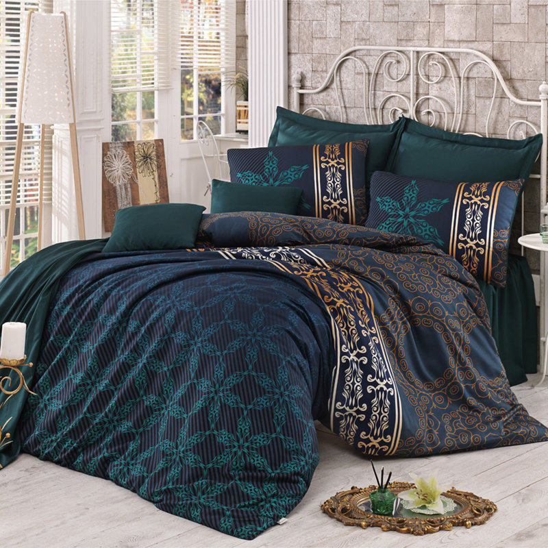 Ensemble de housse de couette luxueuse 100% satin de coton double, vert foncé et moutarde / brun, 79 po x 79 po | Housse de couette et enveloppe 210 fils, lavable à la machine, 210 fils (2 pièces) | Une literie élégante pour les chambres élégantes