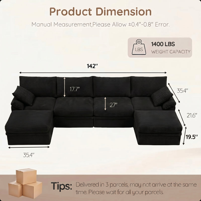 Canapé modulaire en U de 142 po avec rangement caché et deux repose-pieds avec rangement, Noir