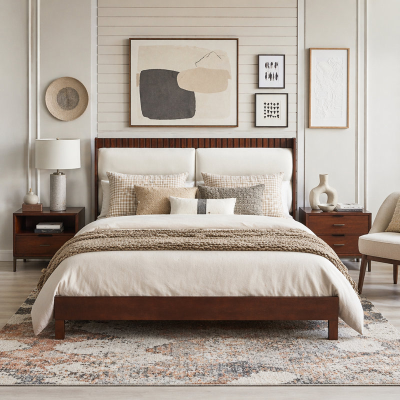 Solid Wood Platform Bed with Velvet Upholstered Headboard, Grand lit, Espresso
