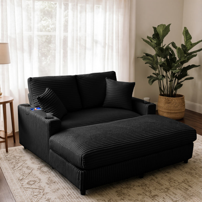 Canapé 64 po Corduroy Sleep avec ports USB et porte-gobelets, Noir