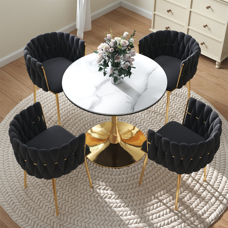 Ensemble de salle à manger à piédestal rond avec chaise tissée, 5, Noir, noir, noir, noir