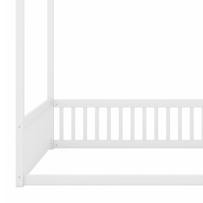 Canopy Frame Floor Bed With Fence, Guardrails, White, Full