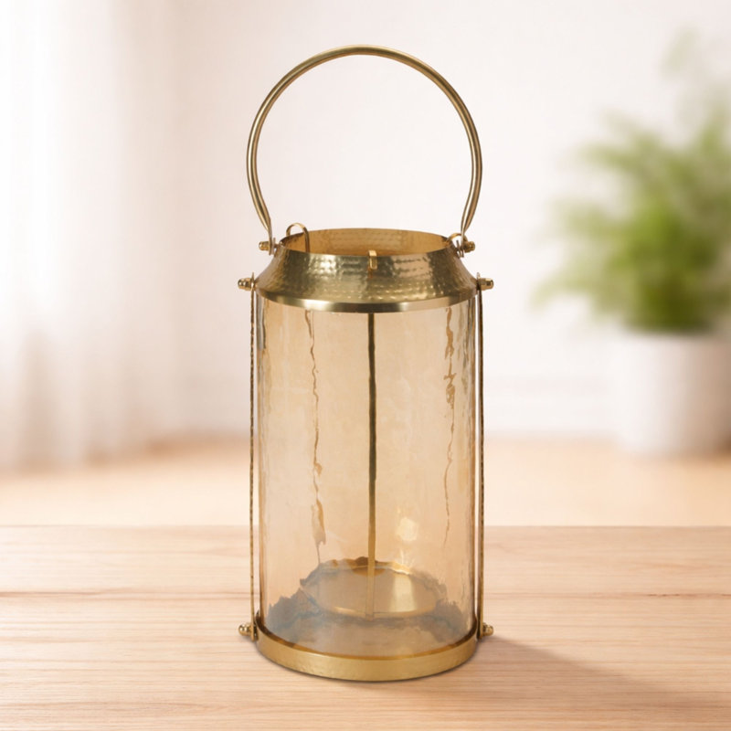 Lanterne ondulée en verre ambré, P 7,25 po x H 13 po