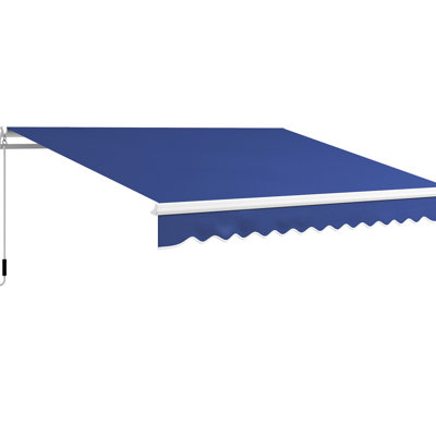 13' X 8' Yard Awning - Dark Blue. & Water- Fabric. Manual Crank. Aluminum Frame. Multi-Surface Option. Reduces Heat. For Yard, Deck, Balcony. Versatile Location. Outdoor Blue Porch Sunshade Awning.