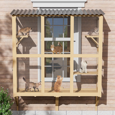 Grande boîte à fenêtre pour chat Catio, fenêtre en bois pour chat avec plateforme à 4 portes et 3 portes pour bronzer, donnant sur une boîte de fenêtre pour chats extensible avec connexion par tunnel