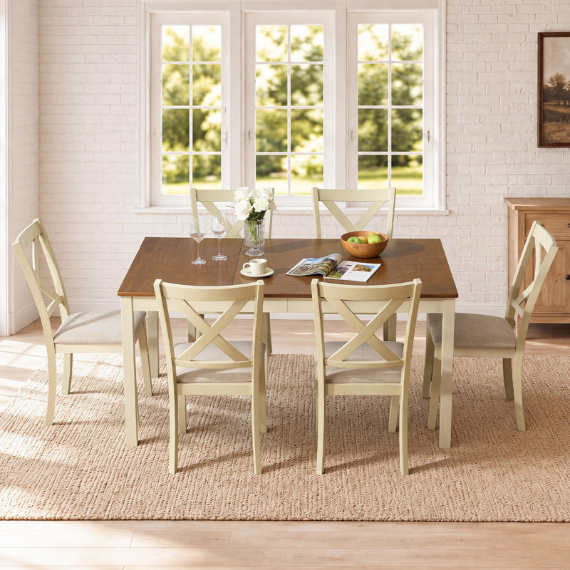 Deral 6 - Person Farmhouse Rectangular Solid Wood Dining Set, Brown/White, Brown/White, White