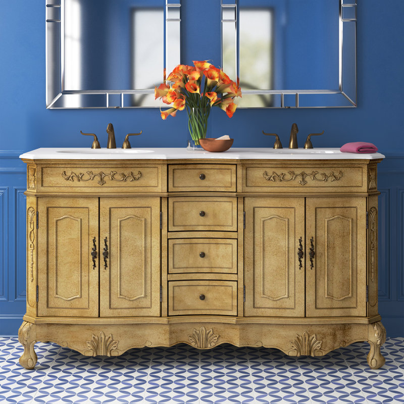 Ensemble de meuble-lavabo double 60 po Lunette, Beige antique, Blanc ivoire