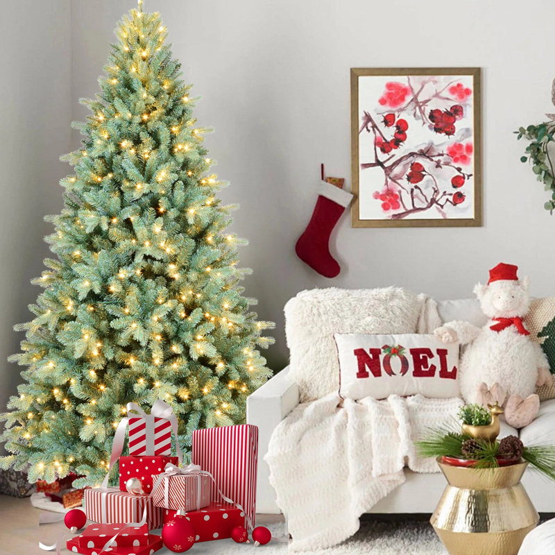Arbre de Noël 9 pi en PE / PVC avec 800 lumières DEL blanc chaud - 3268 pointes, conception à branches articulées, support naturel, support en métal, décoration de Noël facile à assembler