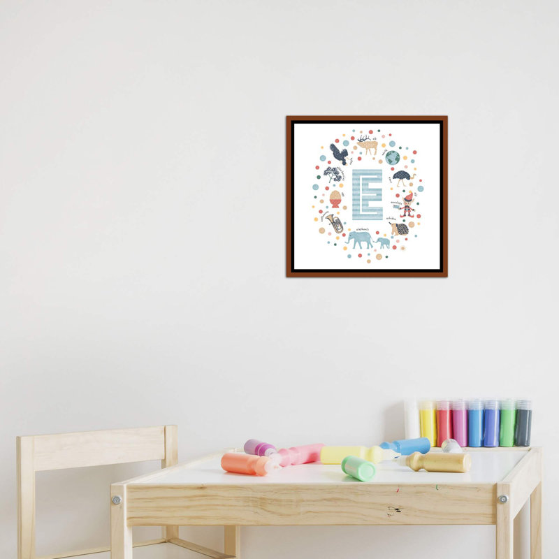Lettre illustrée E bleue - impression, Aucun mat, Toile avec cadre brun, H 18 po x l 18 po x 1,5 po