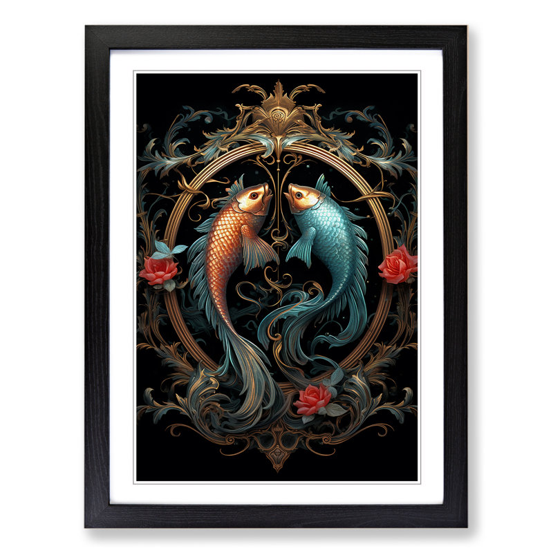 Pisces Fish Zodiac Victorian - Single Picture Frame Print on Wood, Black Framed, 34cm H x 25cm W