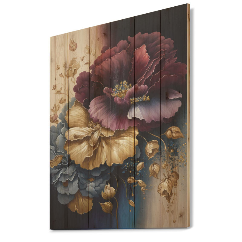 Bourgogne et bouquet de fleurs bleues I - impression sans cadre sur bois, H 20 po x l 12 po x P 1 po