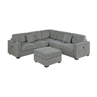 4pc Smoke Corduroy Sectional In L-shaped Configuration For Living Room, One W/ And Corner Wedge Casual Gatherings 4 Modern Areas With L-shape, W/, Pillows
