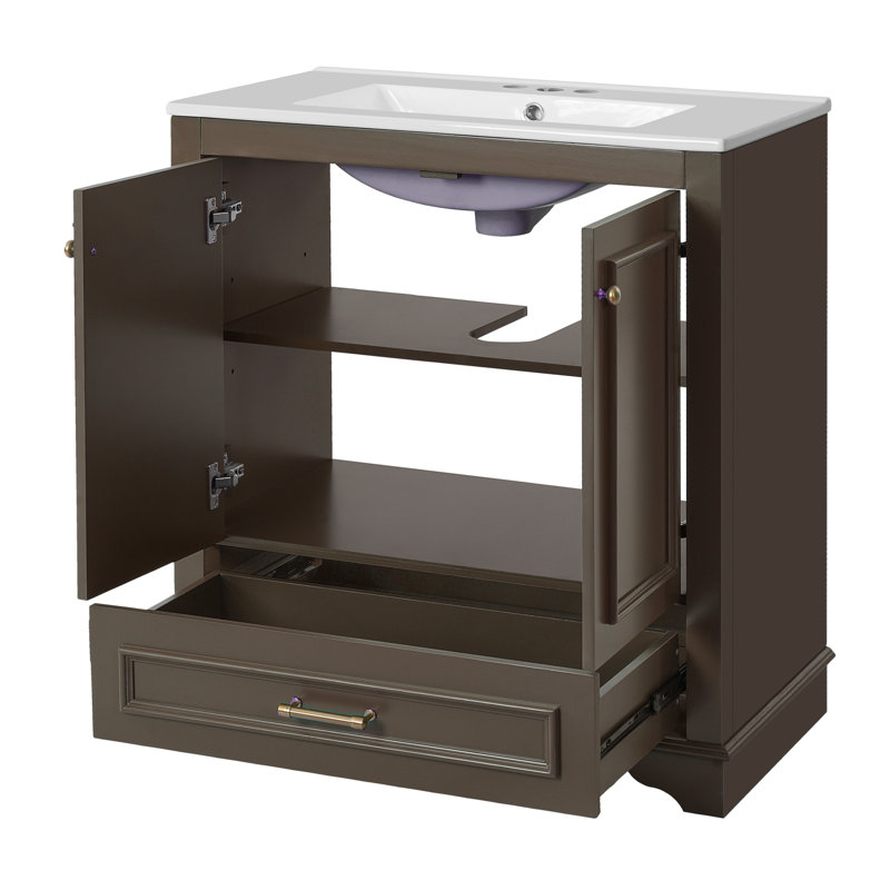 Meuble-lavabo de luxe 30 po avec comptoir en céramique, Brun