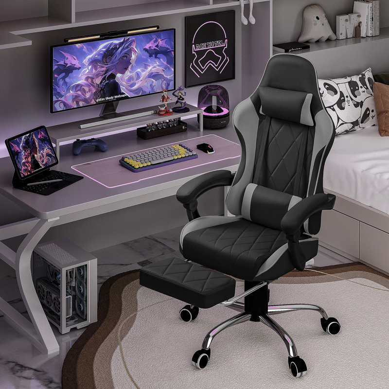 The Twillery Co.® Adjustable Reclining Ergonomic Faux Leather Swiveling PC & Racing Game Chair with Footrest, Gray