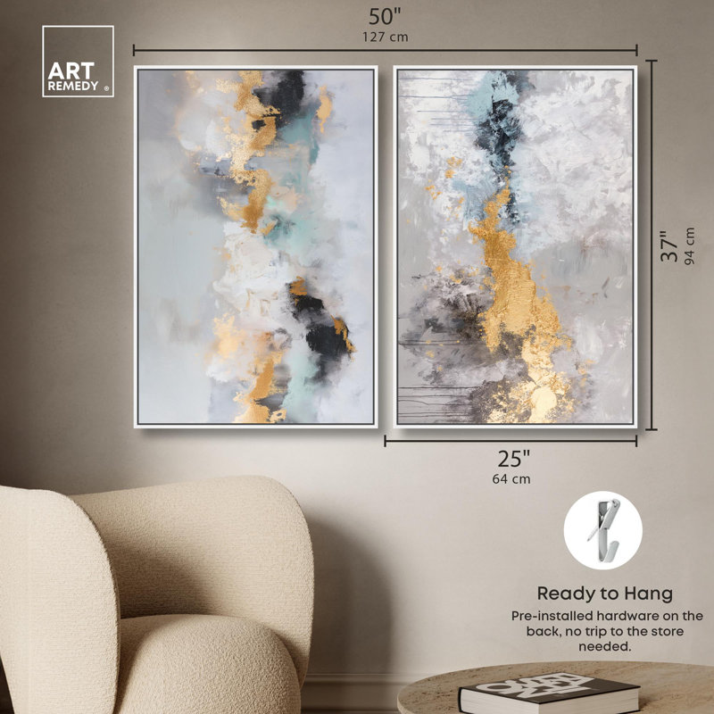 Ensemble de 2 reproductions d'art sur toile Gilded Luxe Duo , Impression dans un cadre flottant sans passe-parto, Blanc