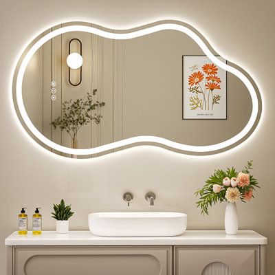 LED Bathroom Wall Mirror, Asymmetrical Irregular Mirror,  Fornt&Backlit Light, Aniti-Fog