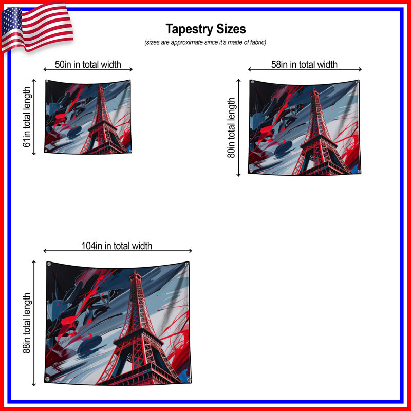 Tapisserie murale Tour Eiffel - Décoration murale architecture, H 68 po x l 80 po avec 4 œillets