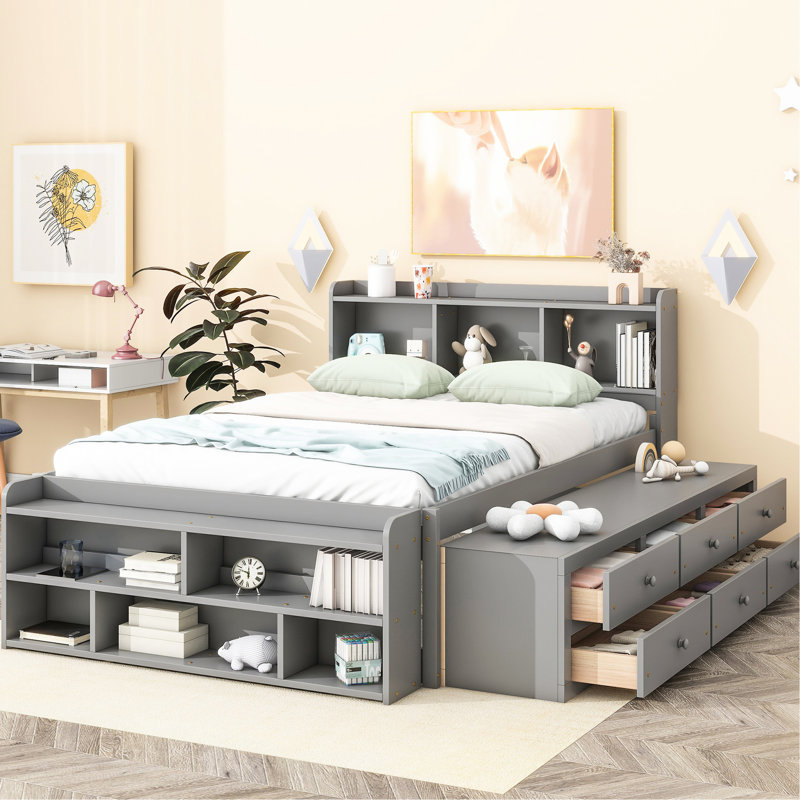 Full Size Bed With Grey Tone And Stable Bookcase Headboard For Storage Finish, Multifunctional