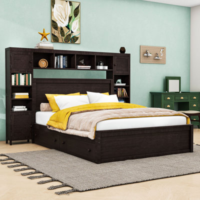 Queen 4 Drawers Wood Bed with Built-in Sockets, Storage Shelves and Cabinets by Lark Manor