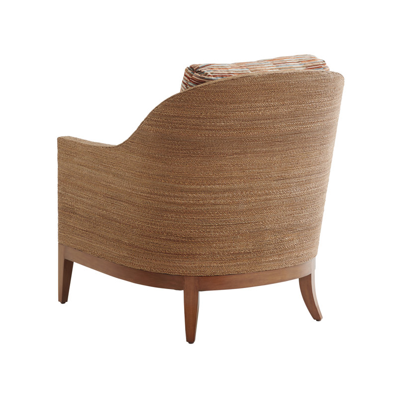 Sundrenched Tan and White Armchair with Wicker Square Arms