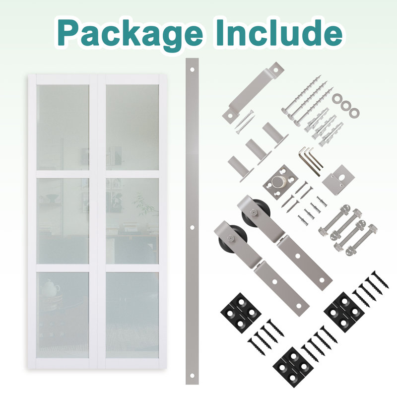 Double porte de grange pliable en verre givré blanc 3 pièces (ensemble de nickelage) avec trousse de quincaillerie et poignée (garde-manger, garde-robe)