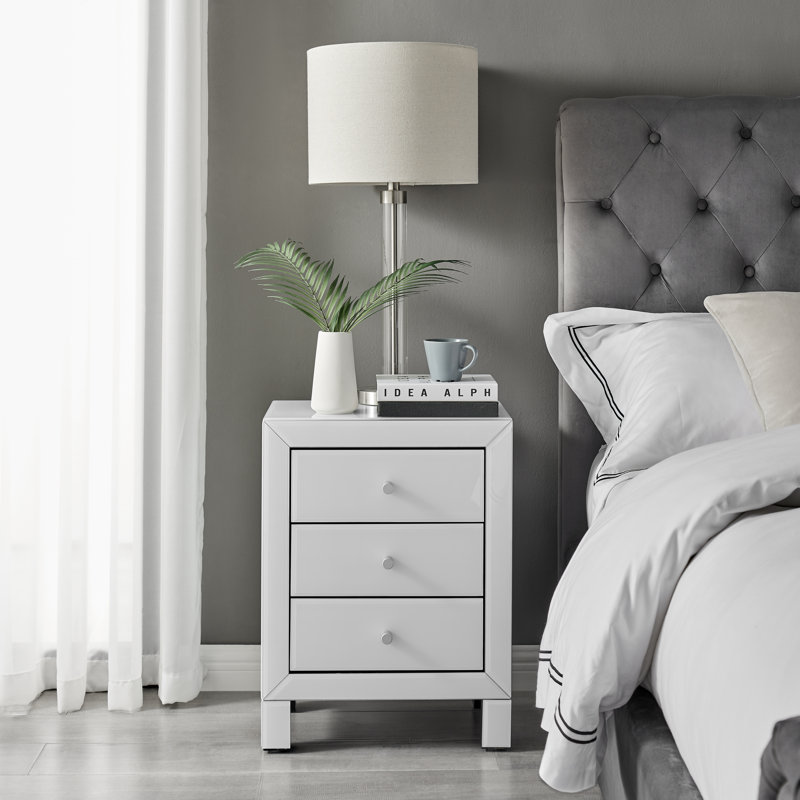 Mackynsie Mirrored Bedside Cabinet With 3 Drawers - Modern Luxury Bedside Table Nightstand, White