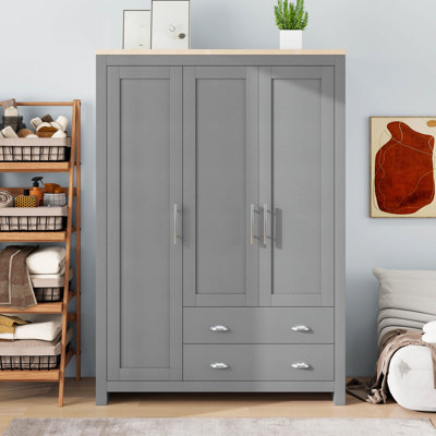 3 Doors Armoire Wardrobe Closet With 2 Drawers, 67.9" H Wooden Closet Wardrobe Cabinet With 2 Hanging Rods And Shelves by Lark Manor