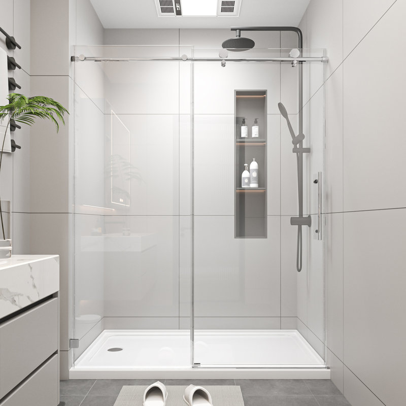 56-60" W x 74" H Frameless Single Sliding Soft-Close Shower Doors, 5/16" Thick SGCC Tempered Glass, Stainless Steel Hardware