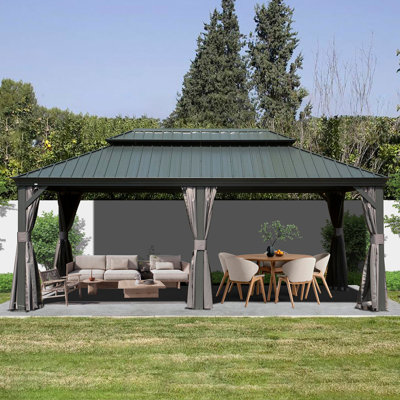 12' X 20' Hardtop Gazebo, Upgraded Metal Gazebo With Drainage System, Dual-Layer Galvanized Steel Roof, Curtain And Netting, Outdoor Shelter Canopy For Patio, Garden, And Backyard