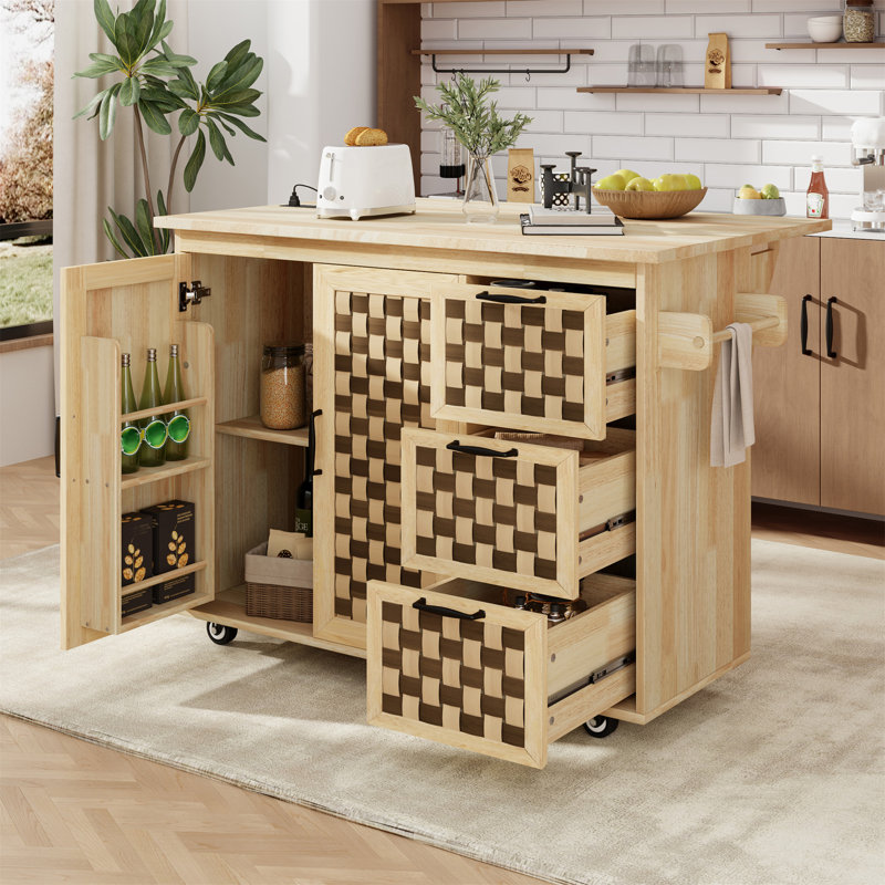 Îlot de cuisine à motif à damier tissé 3D de 53,2 po avec abattant, îlot de cuisine sur roulettes avec support de rangement interne, prise de courant, chariot de cuisine avec 3 tiroirs et 2 armoires