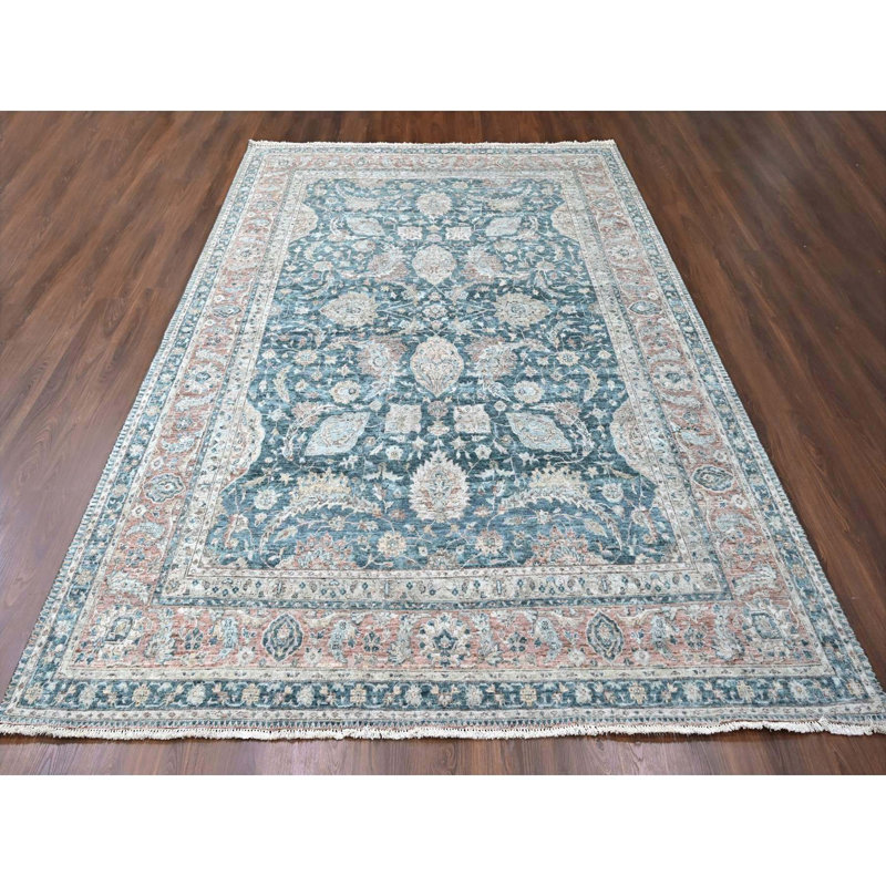 Tapis oriental bleu sarcelle 9 pi x 11 pi 10 po, motif Tabriz vieilli, patiné à zéro, velours rasé, 100% laine, noué à la main